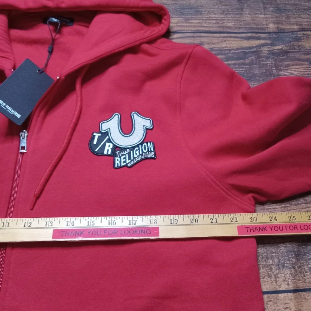 True Religion NWT Embroidered Patch Long Sleeve Zip Hoodie Men's XL Red